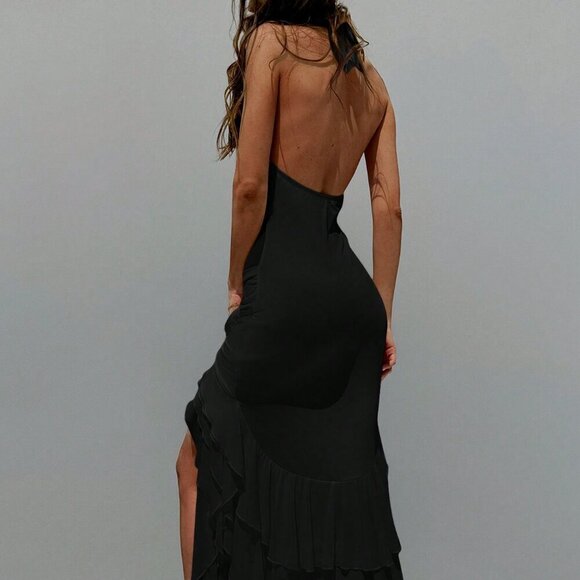 Black Sexy Women's Deep V-Neck Backless Layered Ruffled Hem 3D Floral Dress - Picture 3 of 8